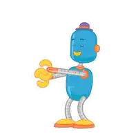 a blue robot with a purple hat is holding a yellow number 3