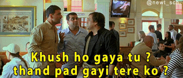 a group of men are talking in a restaurant and the caption says 
