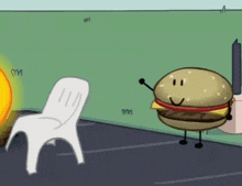 a cartoon drawing of a hamburger and a chair