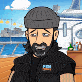 a cartoon of a man wearing a black vest that says pen frens