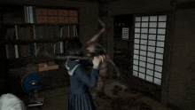 a girl in a school uniform is holding a sword in a dark room