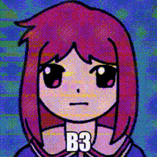 a cartoon girl with pink hair is holding a b3 sign