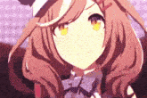 a girl with long brown hair and yellow eyes is wearing a hat
