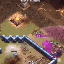 a screenshot of a video game with a purple lightning bolt in the middle of a forest .