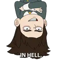 a cartoon of a man upside down with the words " in hell " written below him