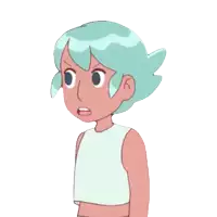 a cartoon drawing of a girl with blue hair and a white shirt