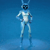 a blue and white robot with a cat 's face on its head