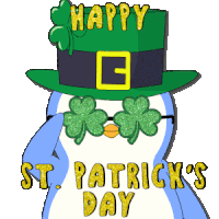 a penguin wearing a leprechaun hat and shamrocks says happy st patrick 's day