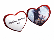a pair of heart shaped glasses with the words aebina canon < 3 on them