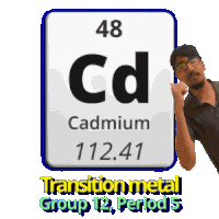 a man is standing in front of a sign that says 48 cd cadmium 112.41 transition metal group 12 period 5