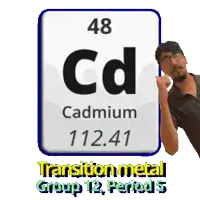 a man is standing in front of a sign that says 48 cd cadmium 112.41 transition metal group 12 period 5