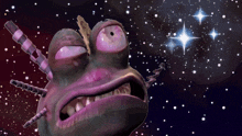 a cartoon character with a purple eye and a purple mouth