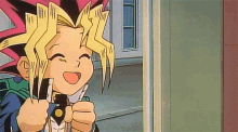 a cartoon character is smiling while holding a card in his hand