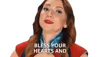 a woman in a red and blue dress says " bless your hearts and "