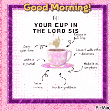 a picture of a cup of coffee with the words " fill your cup in the lord sis "