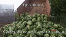 a large pile of watermelons is sitting on the ground in front of a truck .