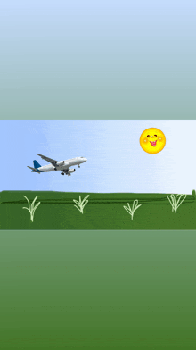 a plane is flying over a grassy field with a smiling sun in the background
