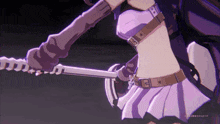 a woman in a purple dress is holding a sword with the letter b on it