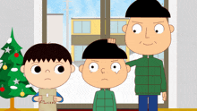 a cartoon of three boys standing next to each other with one of them holding a cardboard box