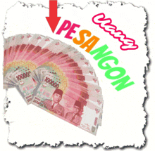 a fan of money with an arrow pointing down and the words orang pesoang on the bottom