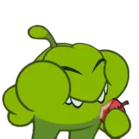 a green cartoon character with a red apple in his mouth