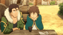 two anime characters are sitting at a table and one has the letter c on his chest