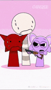 a cartoon character holding a gun next to two other characters with colzi written on the bottom