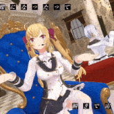 a cartoon girl is sitting in a chair with a microphone on