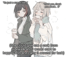 a drawing of two girls with the words " it 's just a snack baby "