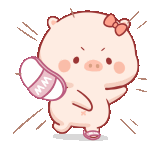 a cartoon pig with a bow on its head is holding a slipper .