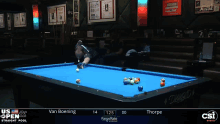 a pool table with a blue cloth and balls on it