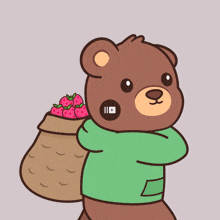 a teddy bear carrying a basket of strawberries has a youtube logo on its face