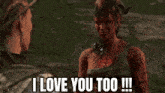 a woman is standing next to a demon in a video game and saying `` i love you too ! ''