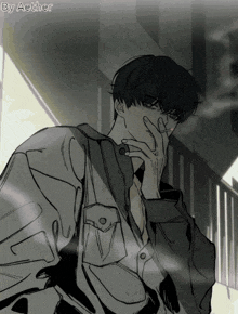 a black and white drawing of a man smoking a cigarette with the words by aether below him
