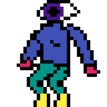a pixel art drawing of a person wearing a blue jacket , blue pants , and yellow boots .