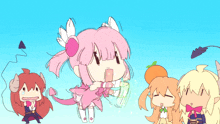 a cartoon drawing of a girl with pink hair and a purple tail