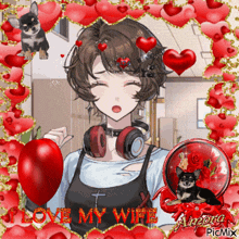 a picture of a girl with headphones and a red heart with the words " i love my wife " on it