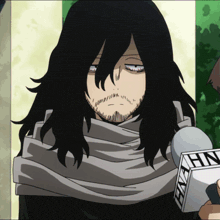 a man with long black hair and a beard is holding a microphone that says hn