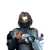 a man wearing a mask is pointing up with his finger