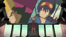 a girl in a red jacket stands in front of a large screen with cartoon characters