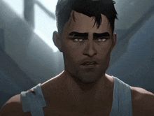 a close up of a man 's face with a blue tank top