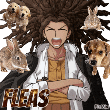a picture of a man surrounded by rabbits and dogs with the word fleas in the middle