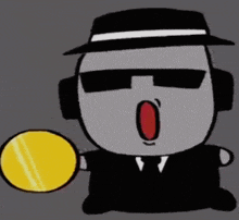 a cartoon of a man wearing a hat and sunglasses holding a gold coin