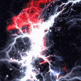 a red and white lightning strike in a dark background