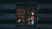 a girl with a red headband looks out a window at another girl