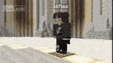 a minecraft character is standing on a wooden platform in a building .