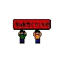 a pixel art of two people holding a sign that says subscribe