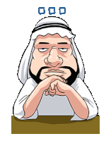 a cartoon of a man with a beard and a white head scarf sitting at a table .