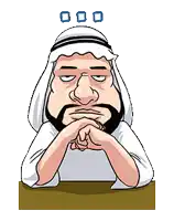 a cartoon of a man with a beard and a white head scarf sitting at a table .