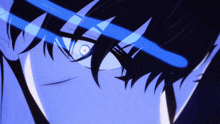 a close up of a person 's face with a blue light shining through it